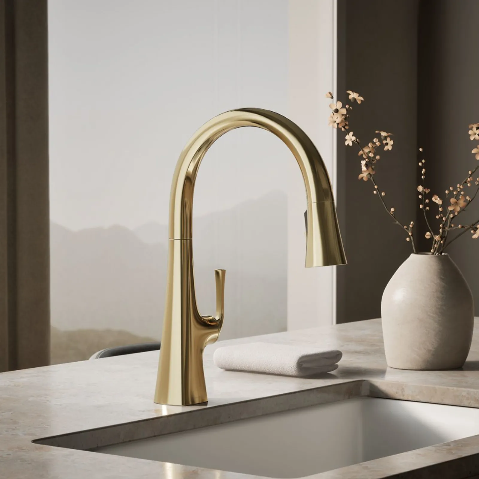 Pull-down kitchen sink faucet with three-function sprayhead^Kohler Discount
