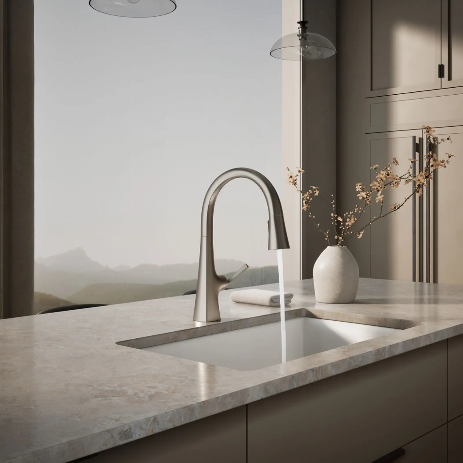 Pull-down kitchen sink faucet with three-function sprayhead^Kohler Discount