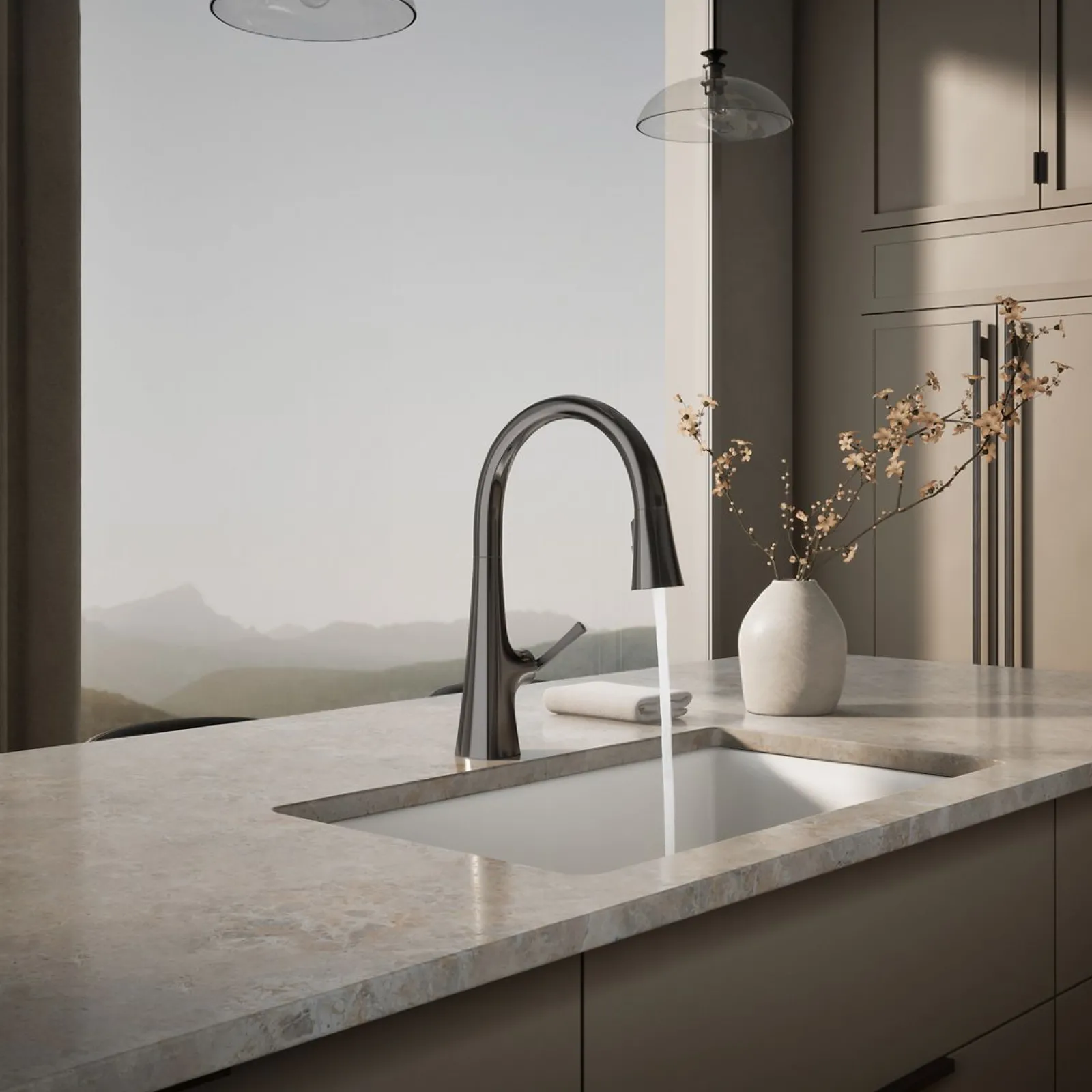 Pull-down kitchen sink faucet with three-function sprayhead^Kohler Discount