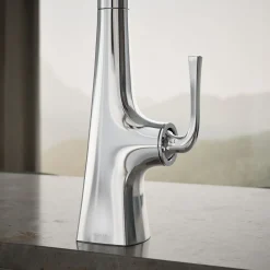 Pull-down kitchen sink faucet with three-function sprayhead^Kohler Discount