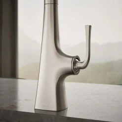 Pull-down kitchen sink faucet with three-function sprayhead^Kohler Discount
