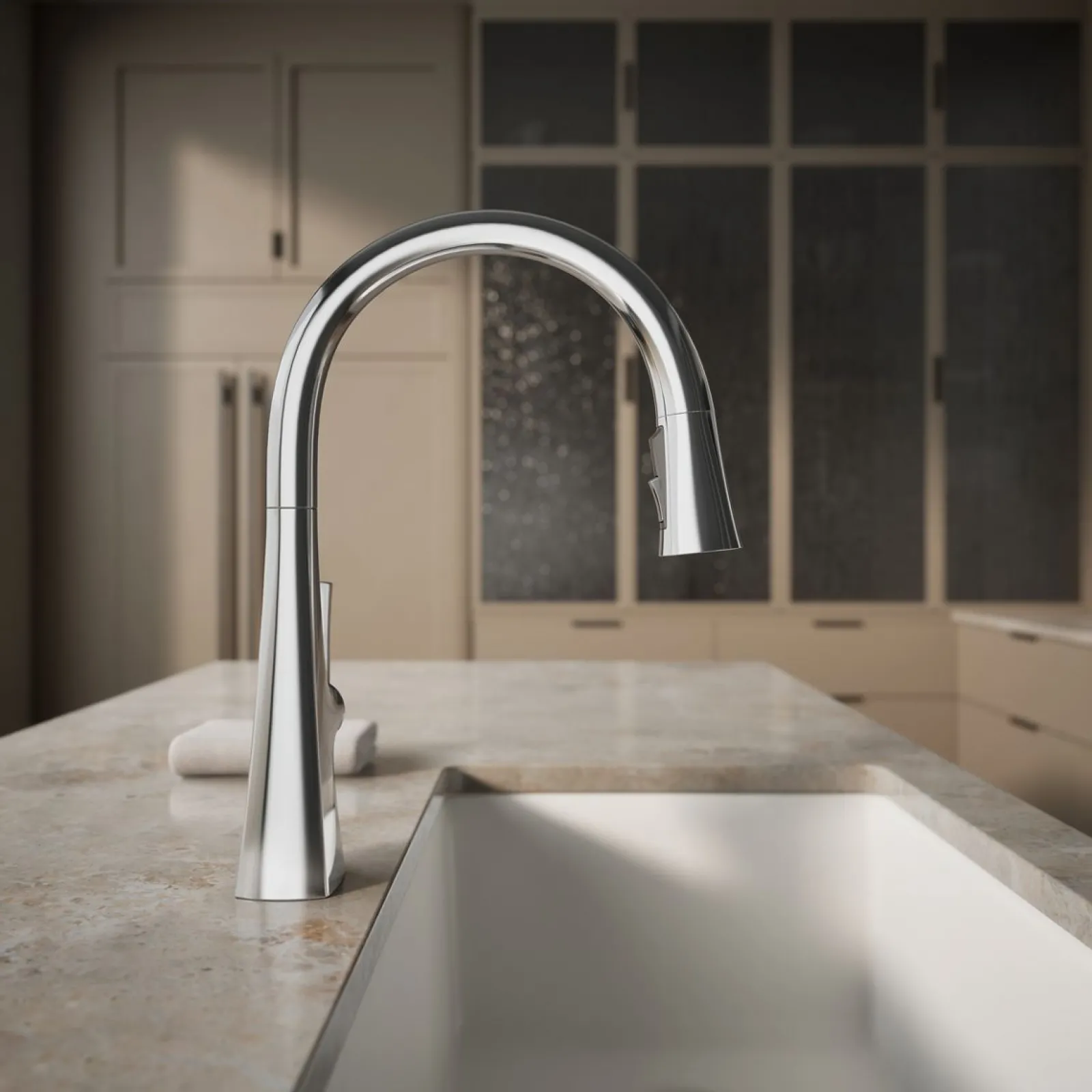 Pull-down kitchen sink faucet with three-function sprayhead^Kohler Discount