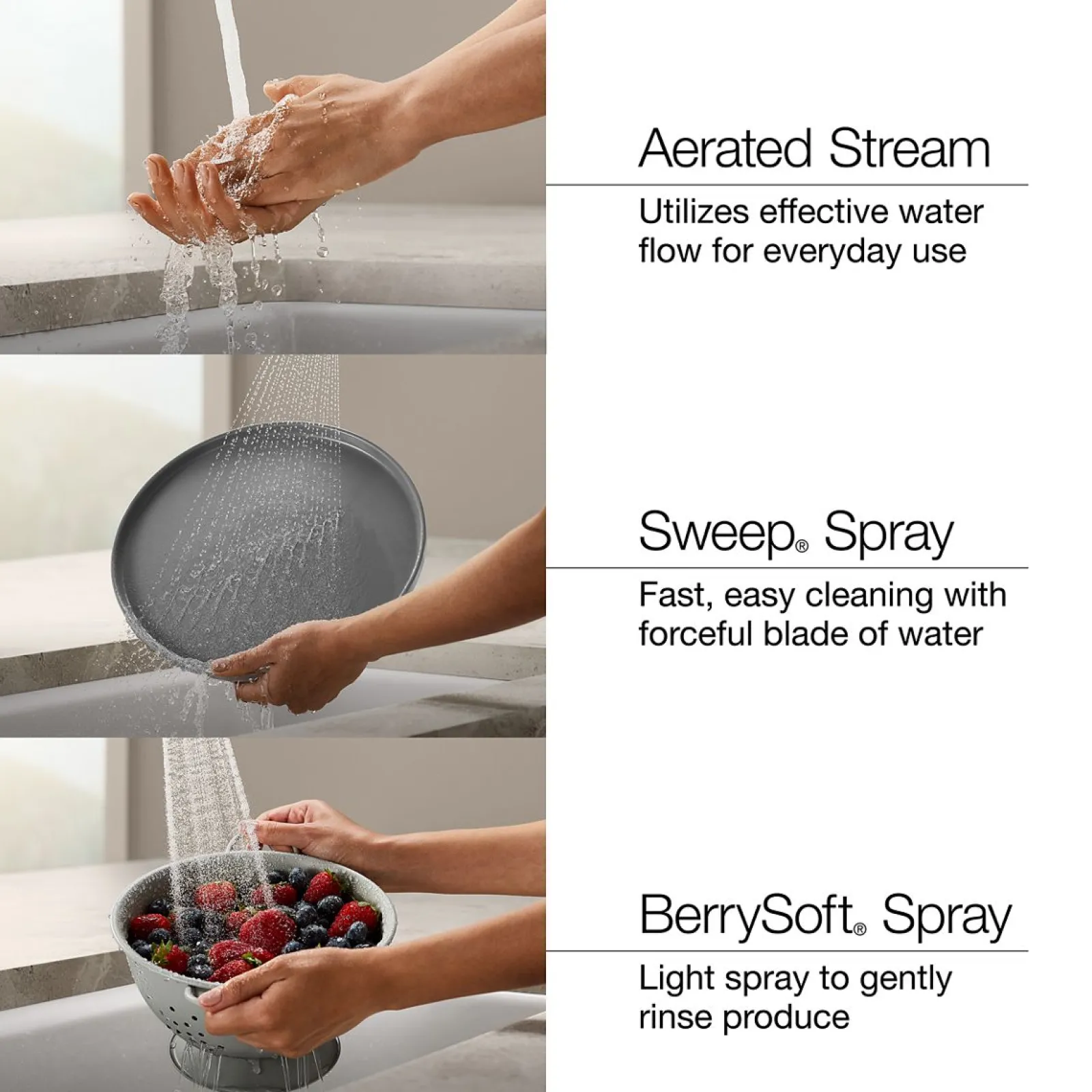 Pull-down kitchen sink faucet with three-function sprayhead^Kohler Discount