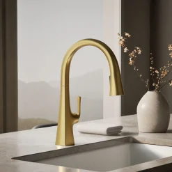 Pull-down kitchen sink faucet with three-function sprayhead^Kohler Discount