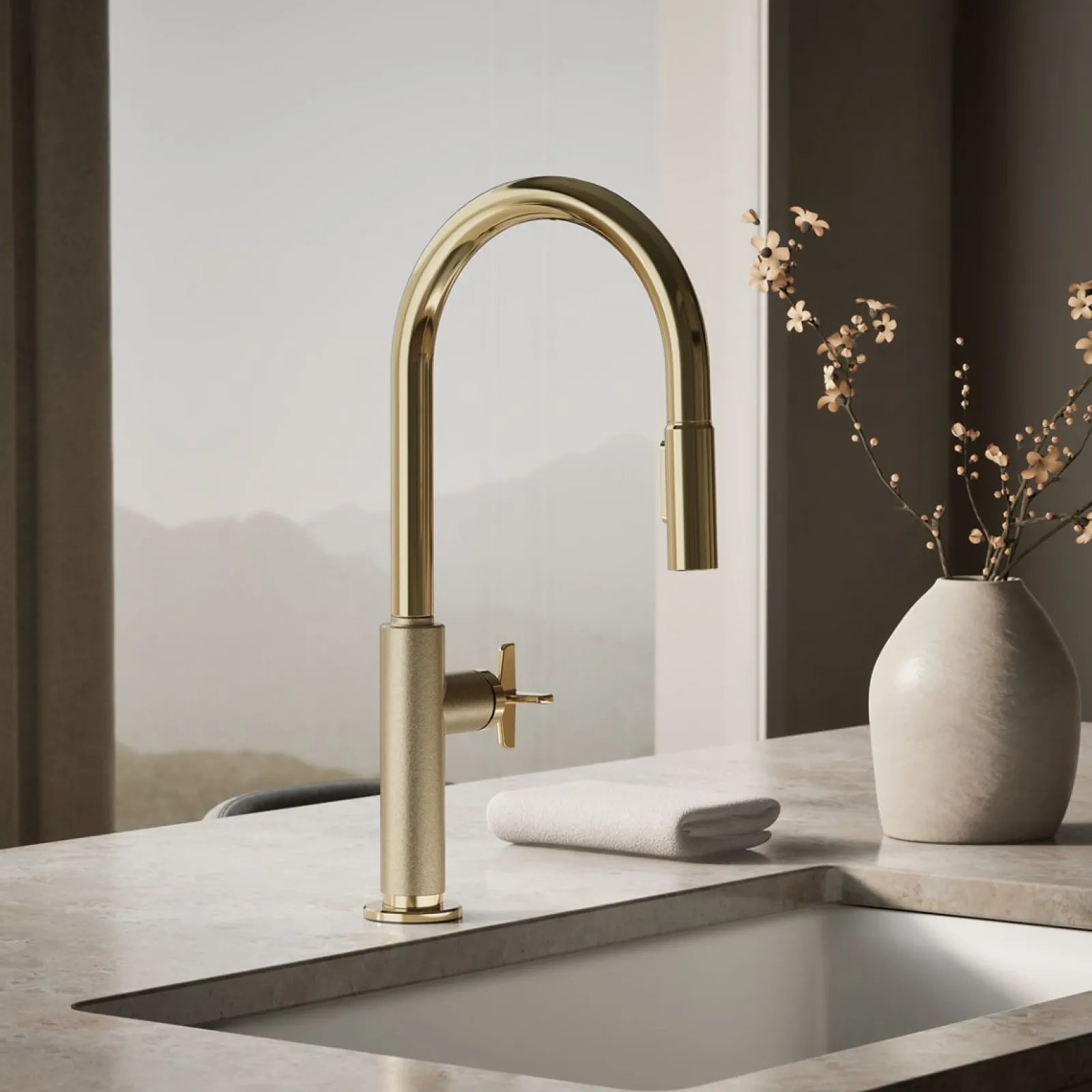 Pull-down kitchen sink faucet with two-function sprayhead^Kohler Hot