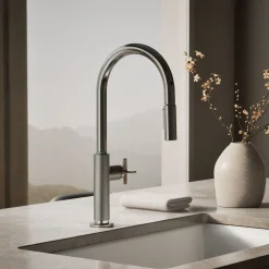 Pull-down kitchen sink faucet with two-function sprayhead^Kohler Hot