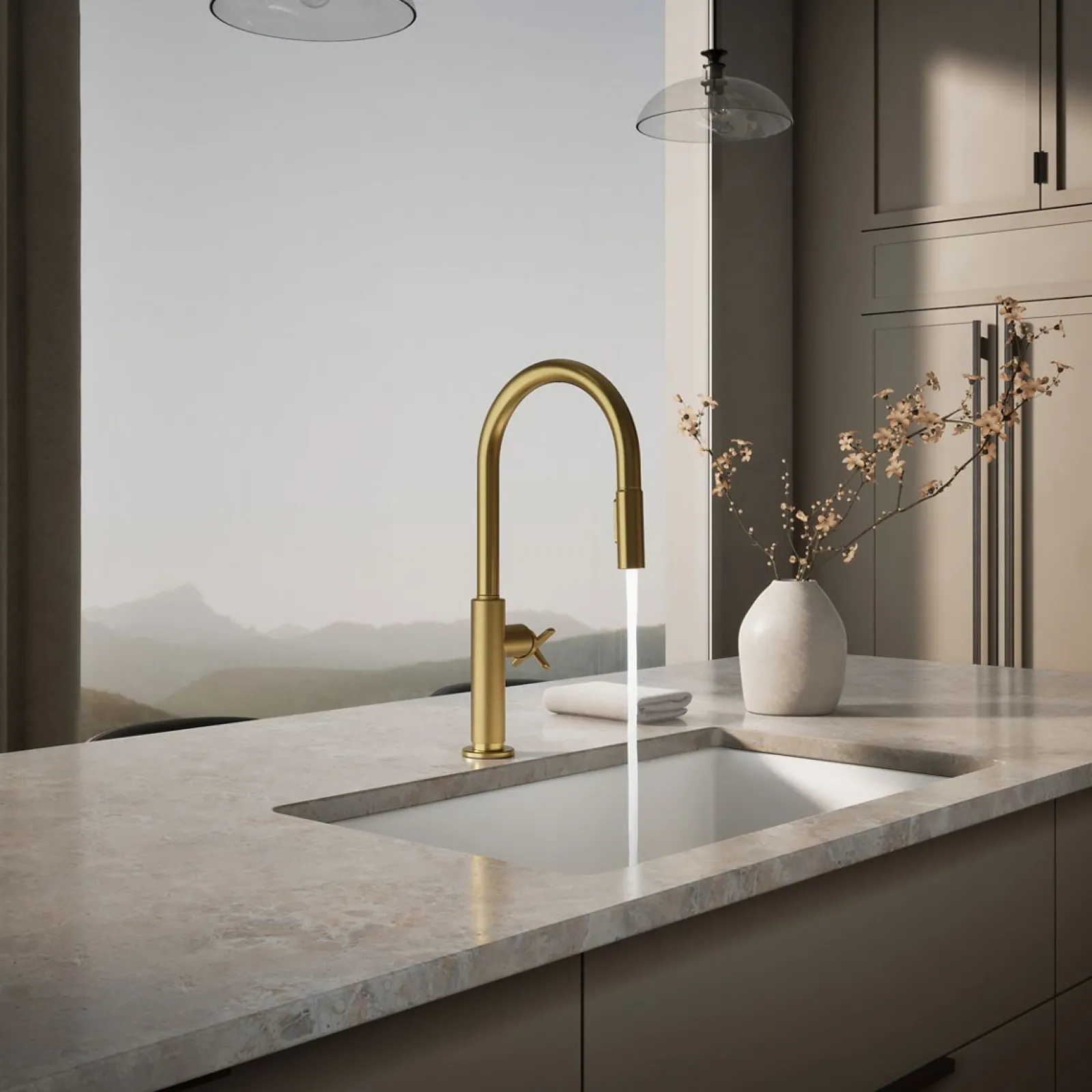 Pull-down kitchen sink faucet with two-function sprayhead^Kohler Hot