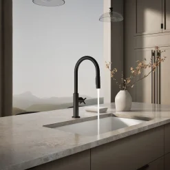 Pull-down kitchen sink faucet with two-function sprayhead^Kohler Hot