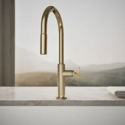 Pull-down kitchen sink faucet with two-function sprayhead^Kohler Hot