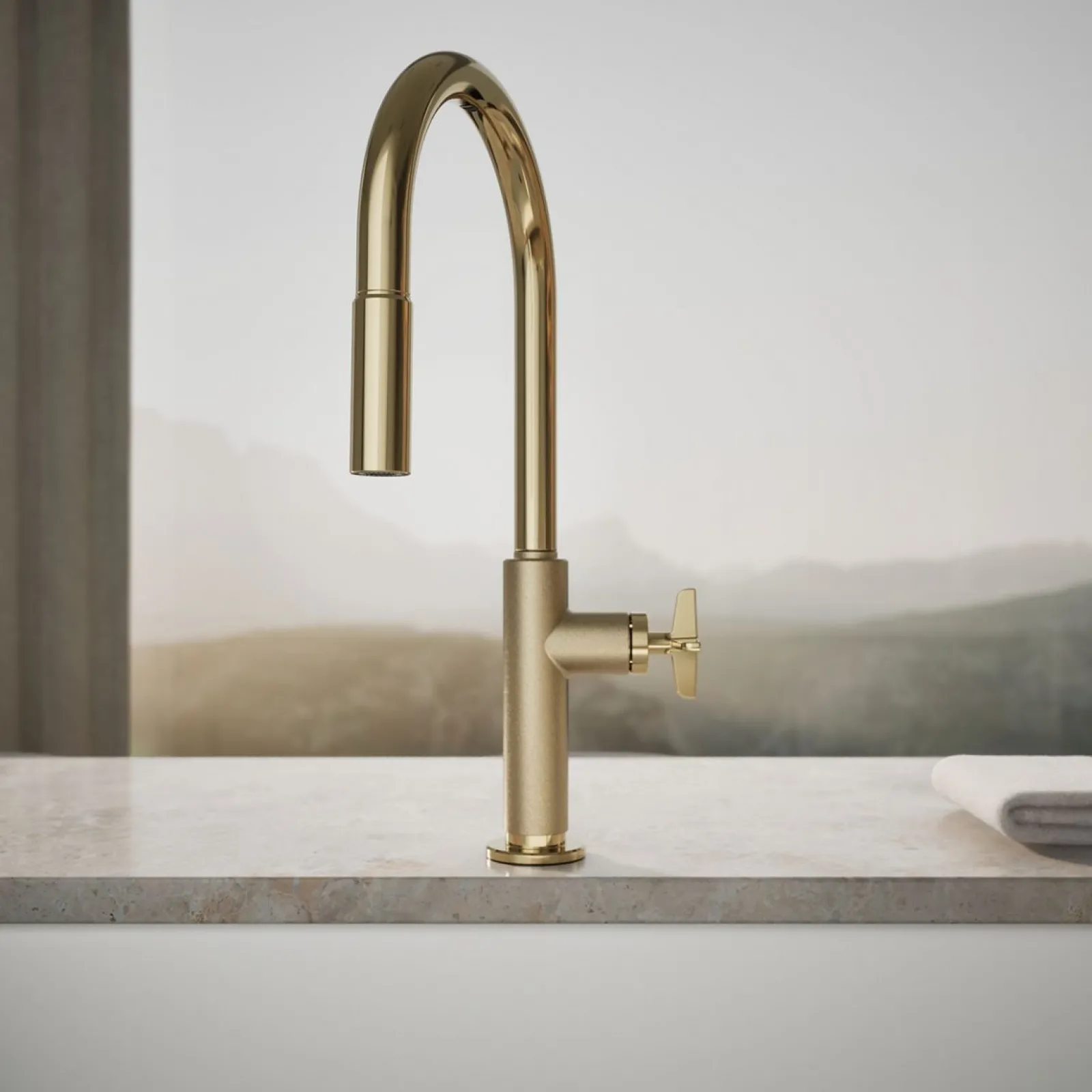 Pull-down kitchen sink faucet with two-function sprayhead^Kohler Hot