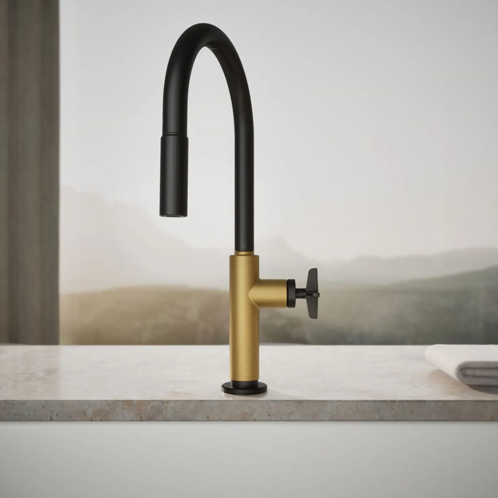 Pull-down kitchen sink faucet with two-function sprayhead^Kohler Hot