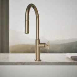 Pull-down kitchen sink faucet with two-function sprayhead^Kohler Hot