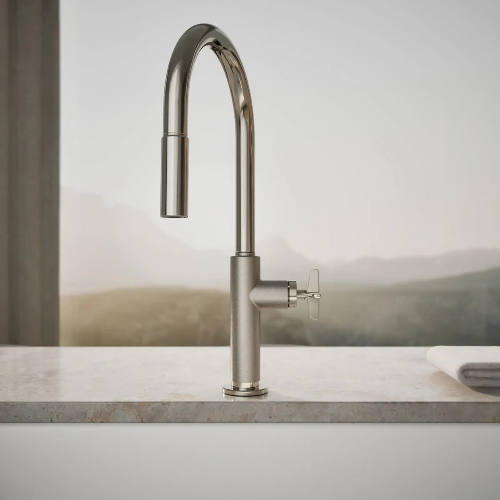 Pull-down kitchen sink faucet with two-function sprayhead^Kohler Hot
