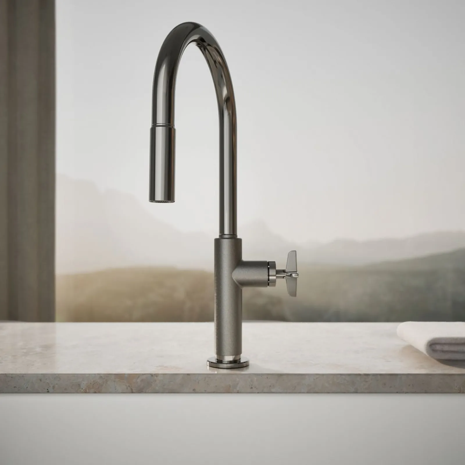 Pull-down kitchen sink faucet with two-function sprayhead^Kohler Hot