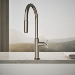 Pull-down kitchen sink faucet with two-function sprayhead^Kohler Hot