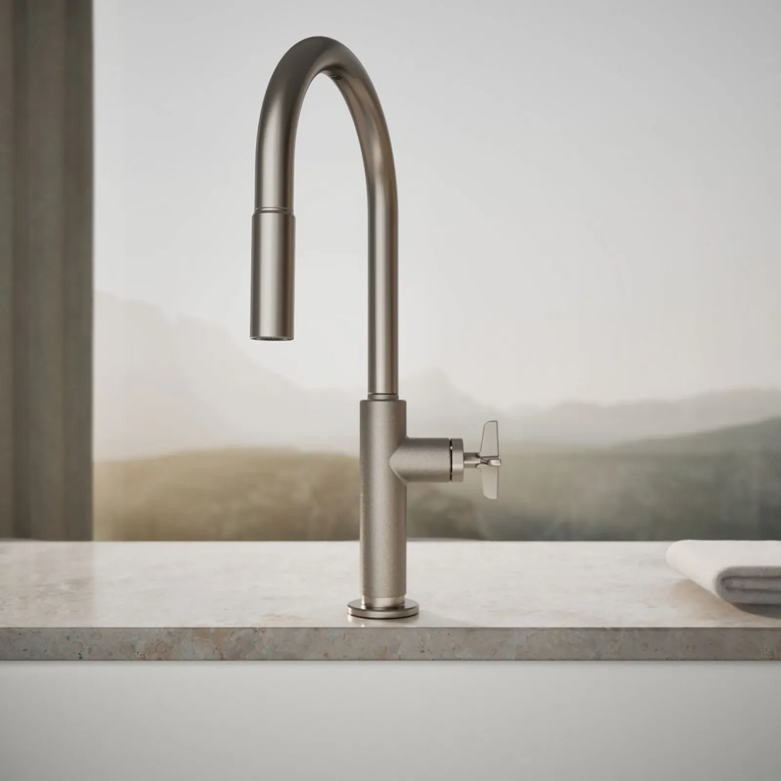 Pull-down kitchen sink faucet with two-function sprayhead^Kohler Hot