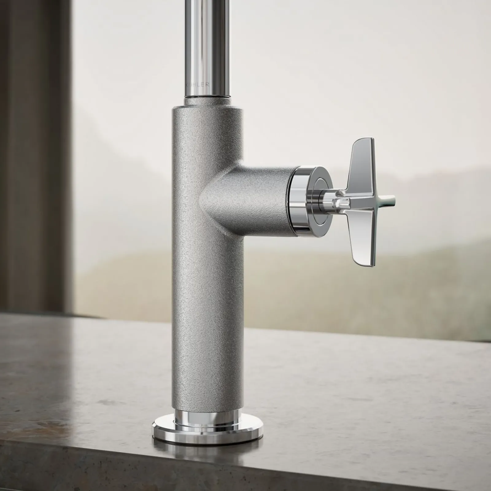 Pull-down kitchen sink faucet with two-function sprayhead^Kohler Hot