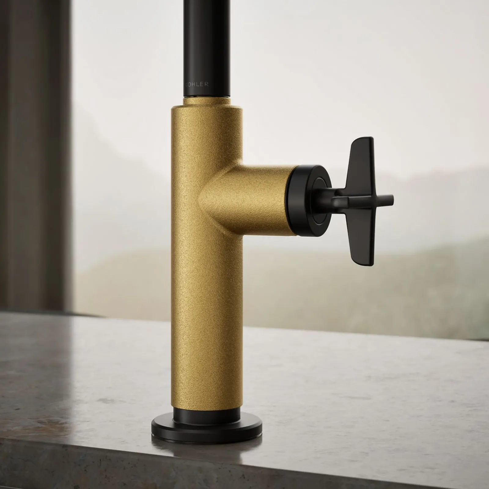 Pull-down kitchen sink faucet with two-function sprayhead^Kohler Hot