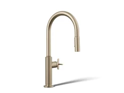 Pull-down kitchen sink faucet with two-function sprayhead^Kohler Hot