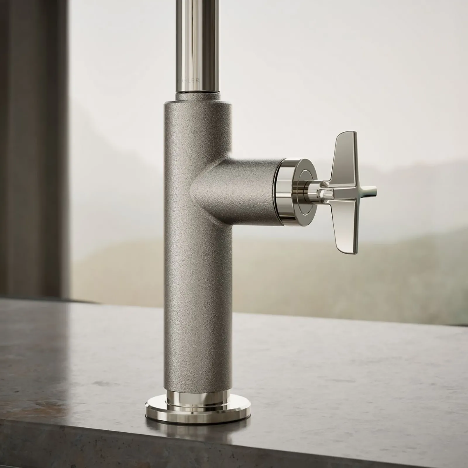Pull-down kitchen sink faucet with two-function sprayhead^Kohler Hot