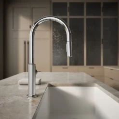 Pull-down kitchen sink faucet with two-function sprayhead^Kohler Hot
