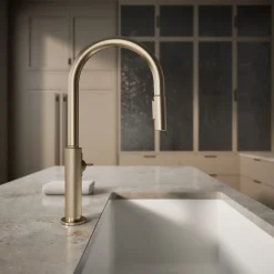 Pull-down kitchen sink faucet with two-function sprayhead^Kohler Hot