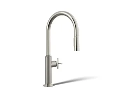 Pull-down kitchen sink faucet with two-function sprayhead^Kohler Hot