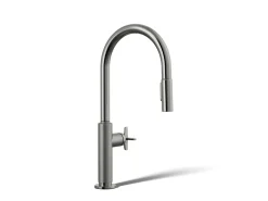 Pull-down kitchen sink faucet with two-function sprayhead^Kohler Hot