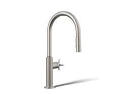 Pull-down kitchen sink faucet with two-function sprayhead^Kohler Hot