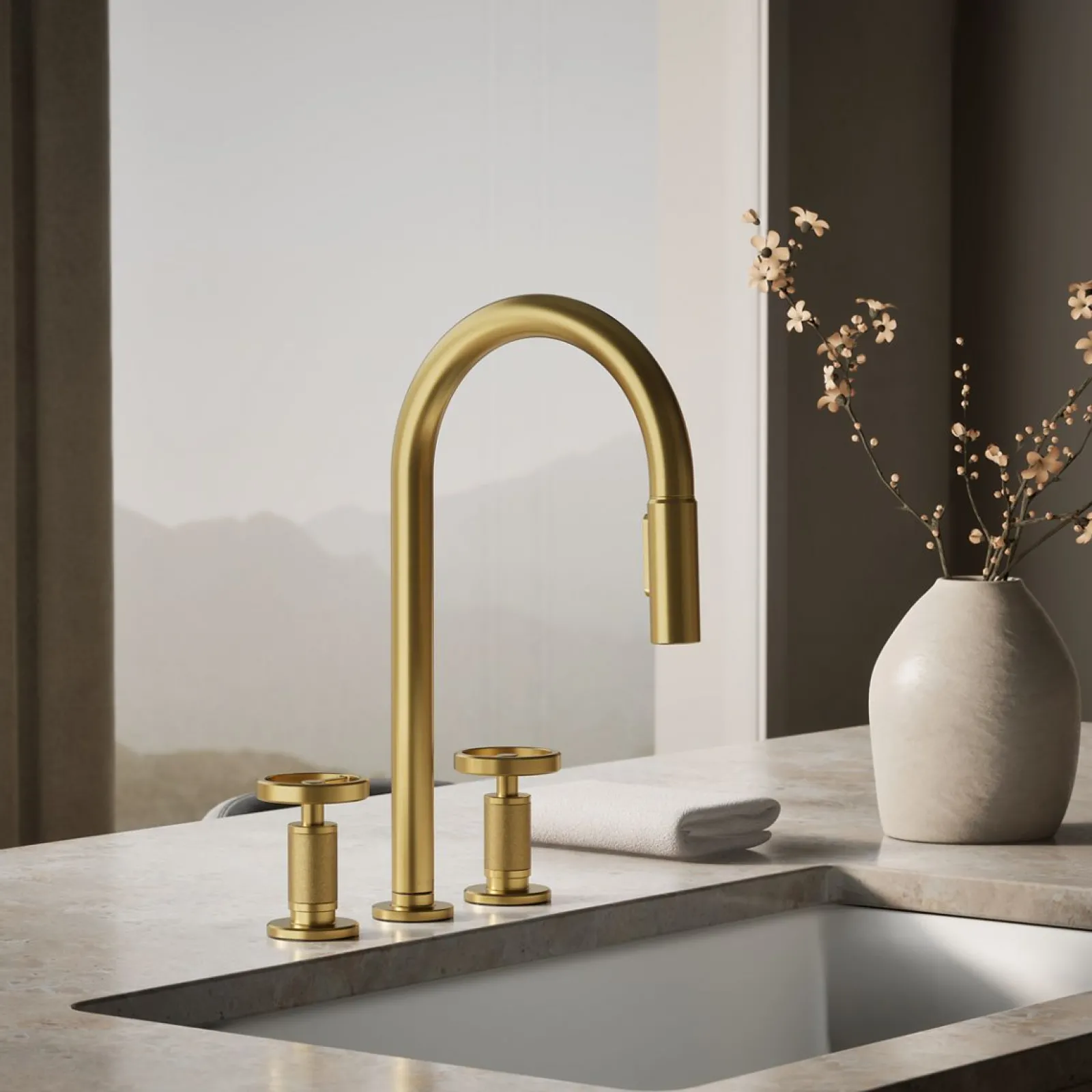 Pull-down kitchen sink faucet with two-function sprayhead^Kohler Hot