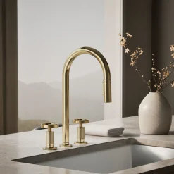 Pull-down kitchen sink faucet with two-function sprayhead^Kohler Hot