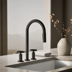 Pull-down kitchen sink faucet with two-function sprayhead^Kohler Hot
