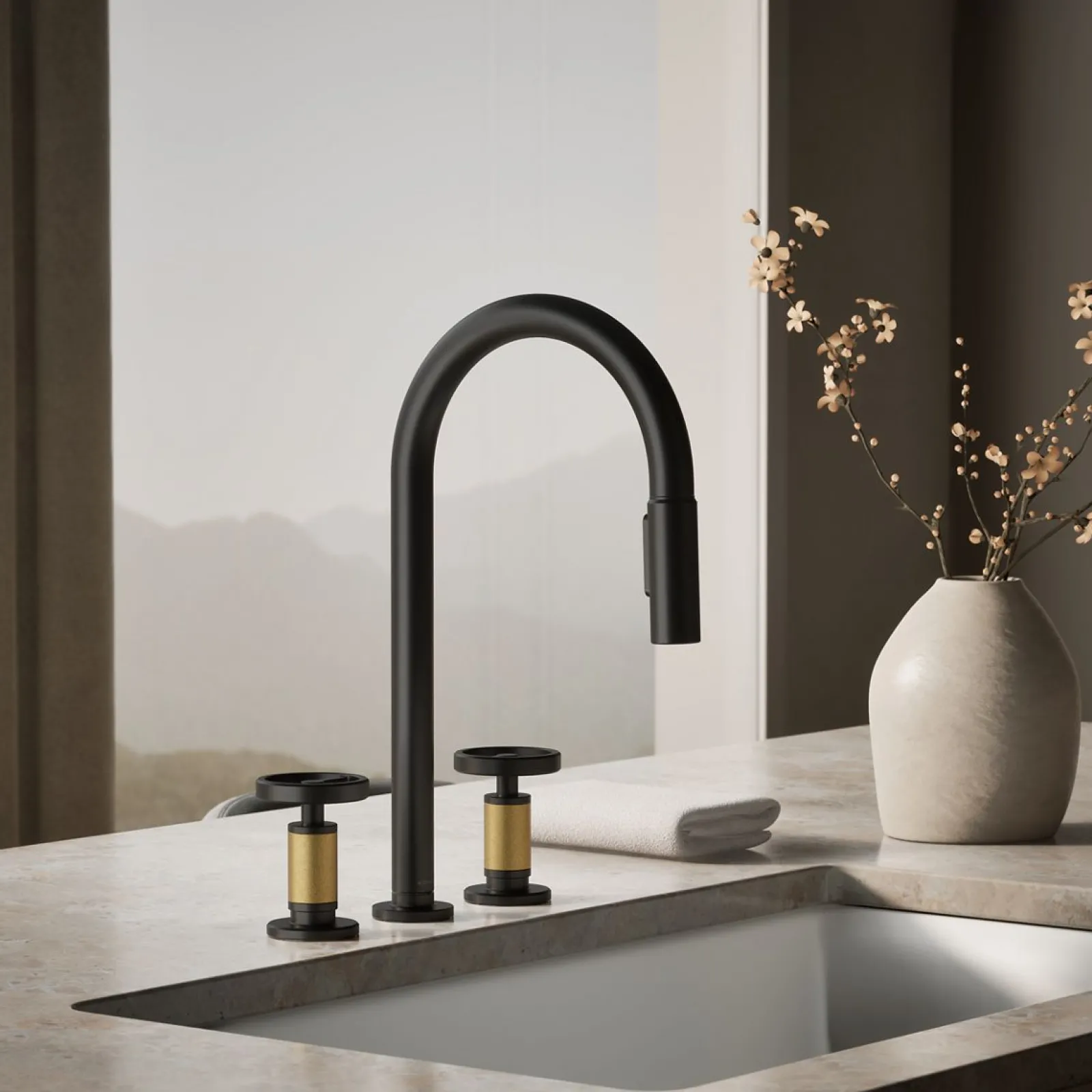 Pull-down kitchen sink faucet with two-function sprayhead^Kohler Hot