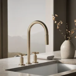Pull-down kitchen sink faucet with two-function sprayhead^Kohler Hot