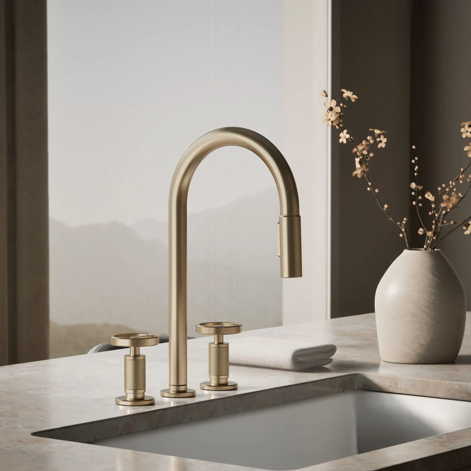 Pull-down kitchen sink faucet with two-function sprayhead^Kohler Hot
