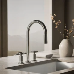 Pull-down kitchen sink faucet with two-function sprayhead^Kohler Hot