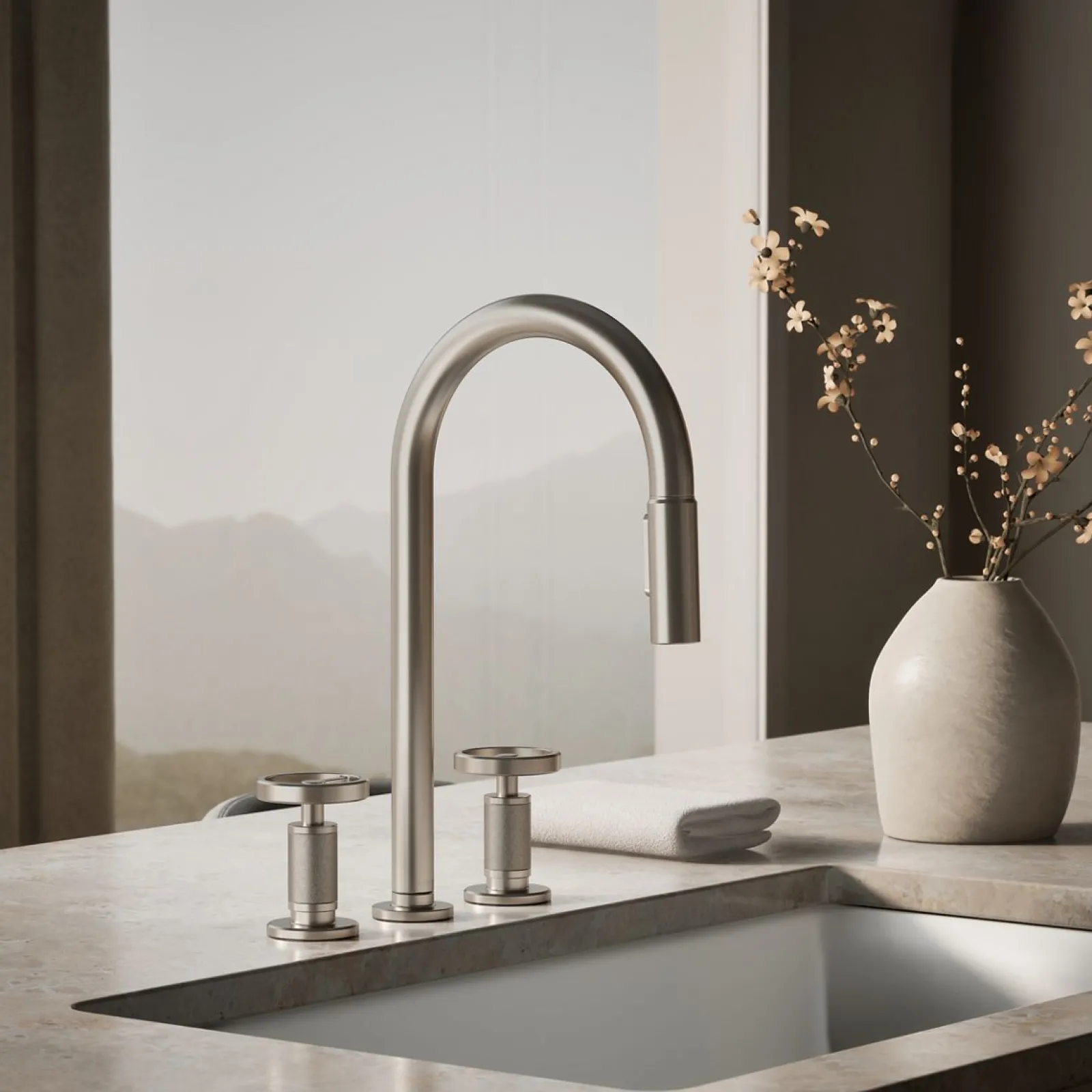 Pull-down kitchen sink faucet with two-function sprayhead^Kohler Hot