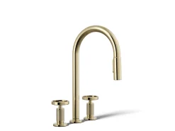 Pull-down kitchen sink faucet with two-function sprayhead^Kohler Hot