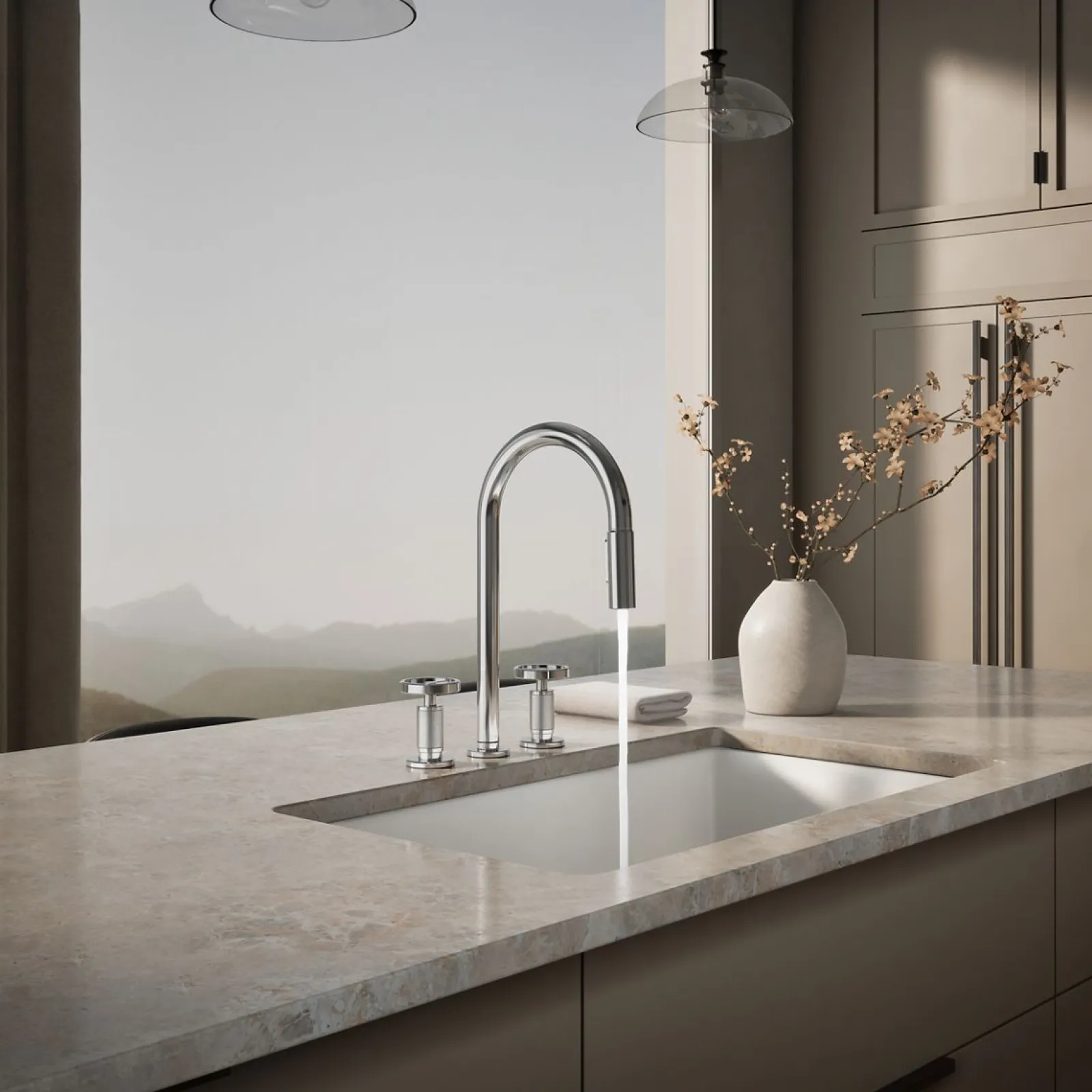 Pull-down kitchen sink faucet with two-function sprayhead^Kohler Hot