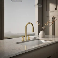 Pull-down kitchen sink faucet with two-function sprayhead^Kohler Hot
