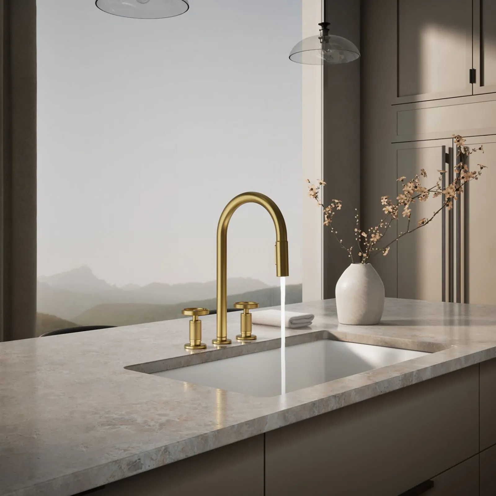 Pull-down kitchen sink faucet with two-function sprayhead^Kohler Hot