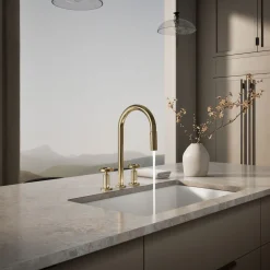 Pull-down kitchen sink faucet with two-function sprayhead^Kohler Hot