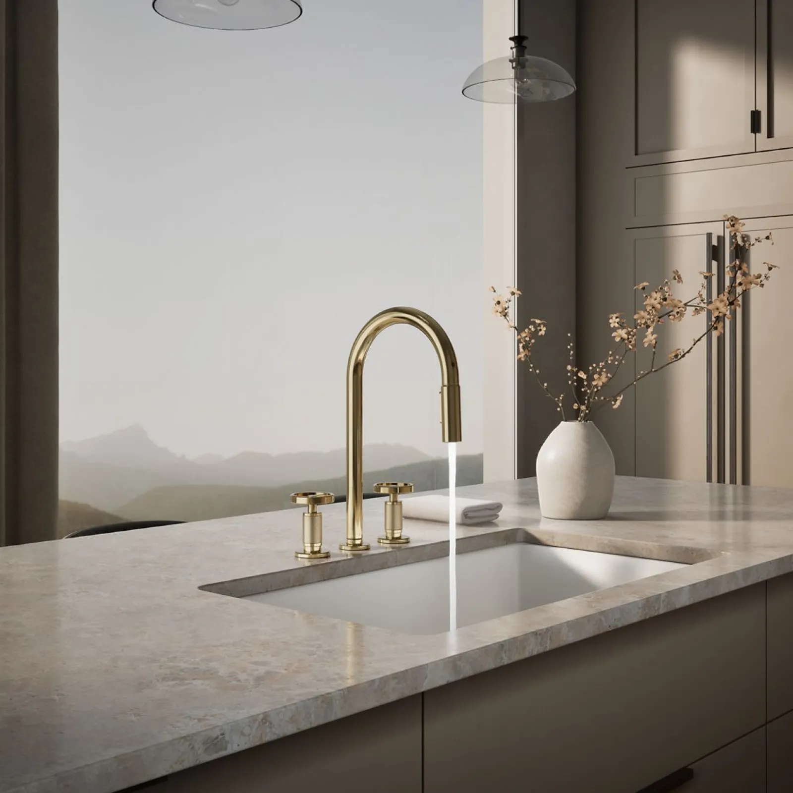 Pull-down kitchen sink faucet with two-function sprayhead^Kohler Hot