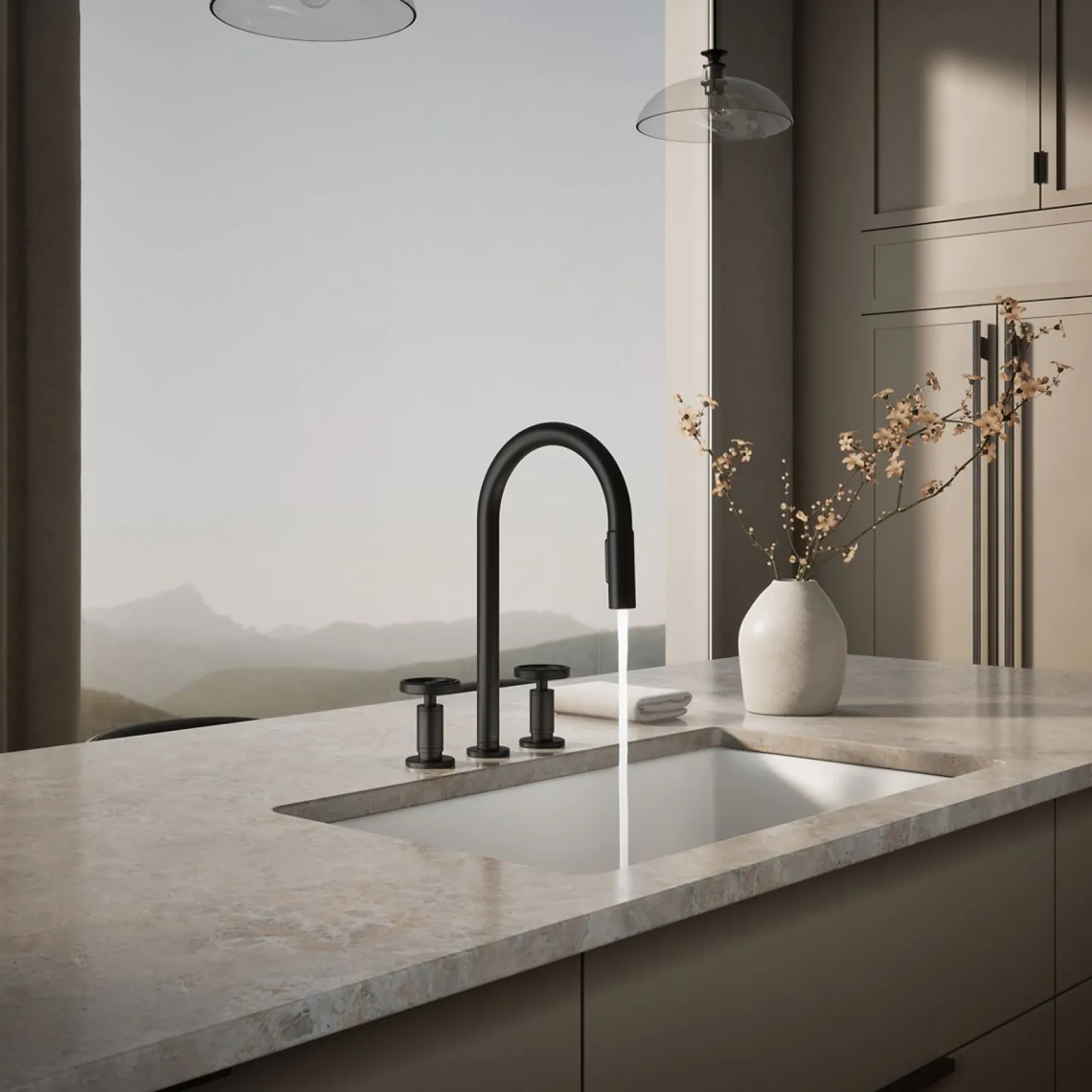 Pull-down kitchen sink faucet with two-function sprayhead^Kohler Hot