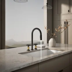 Pull-down kitchen sink faucet with two-function sprayhead^Kohler Hot