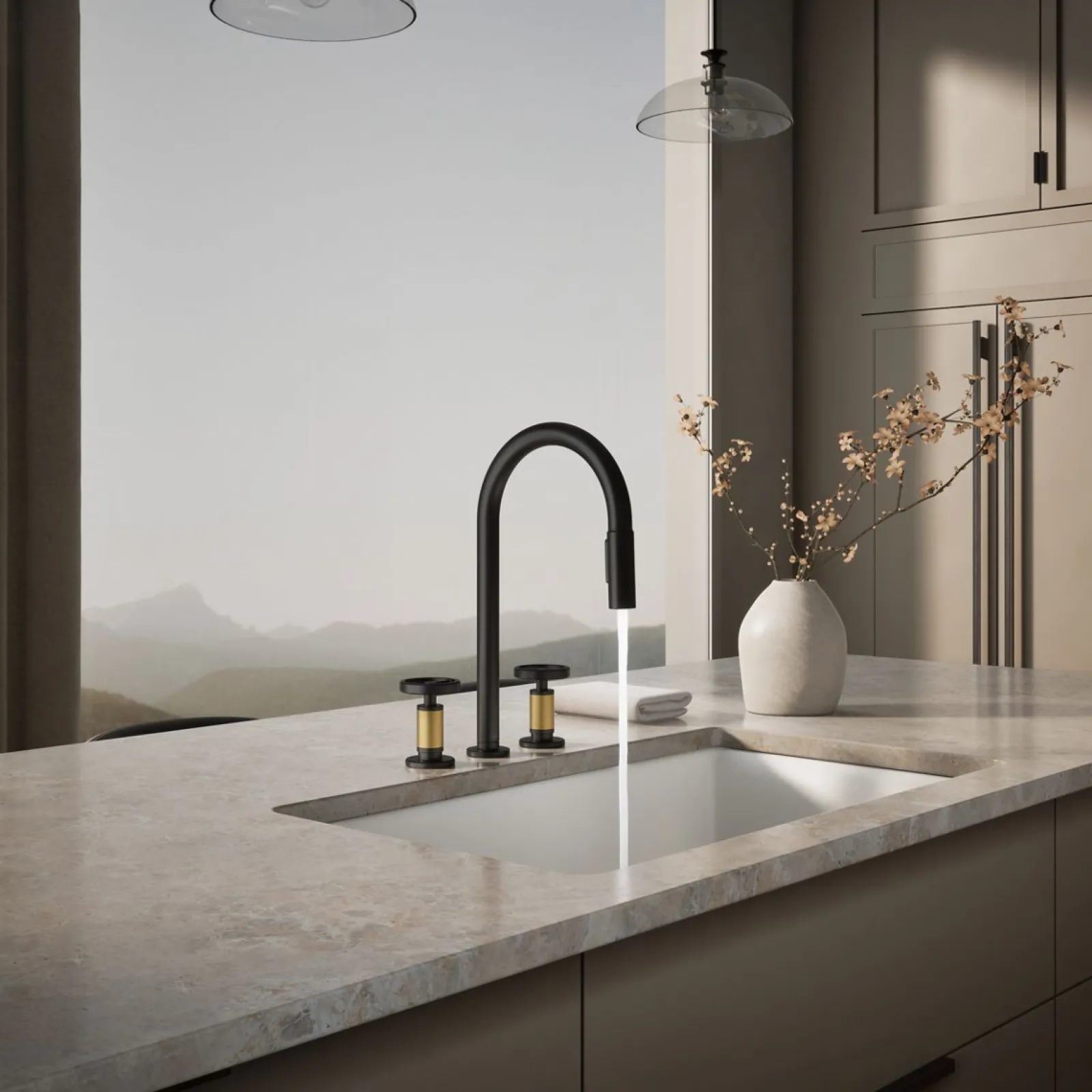 Pull-down kitchen sink faucet with two-function sprayhead^Kohler Hot