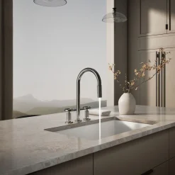 Pull-down kitchen sink faucet with two-function sprayhead^Kohler Hot