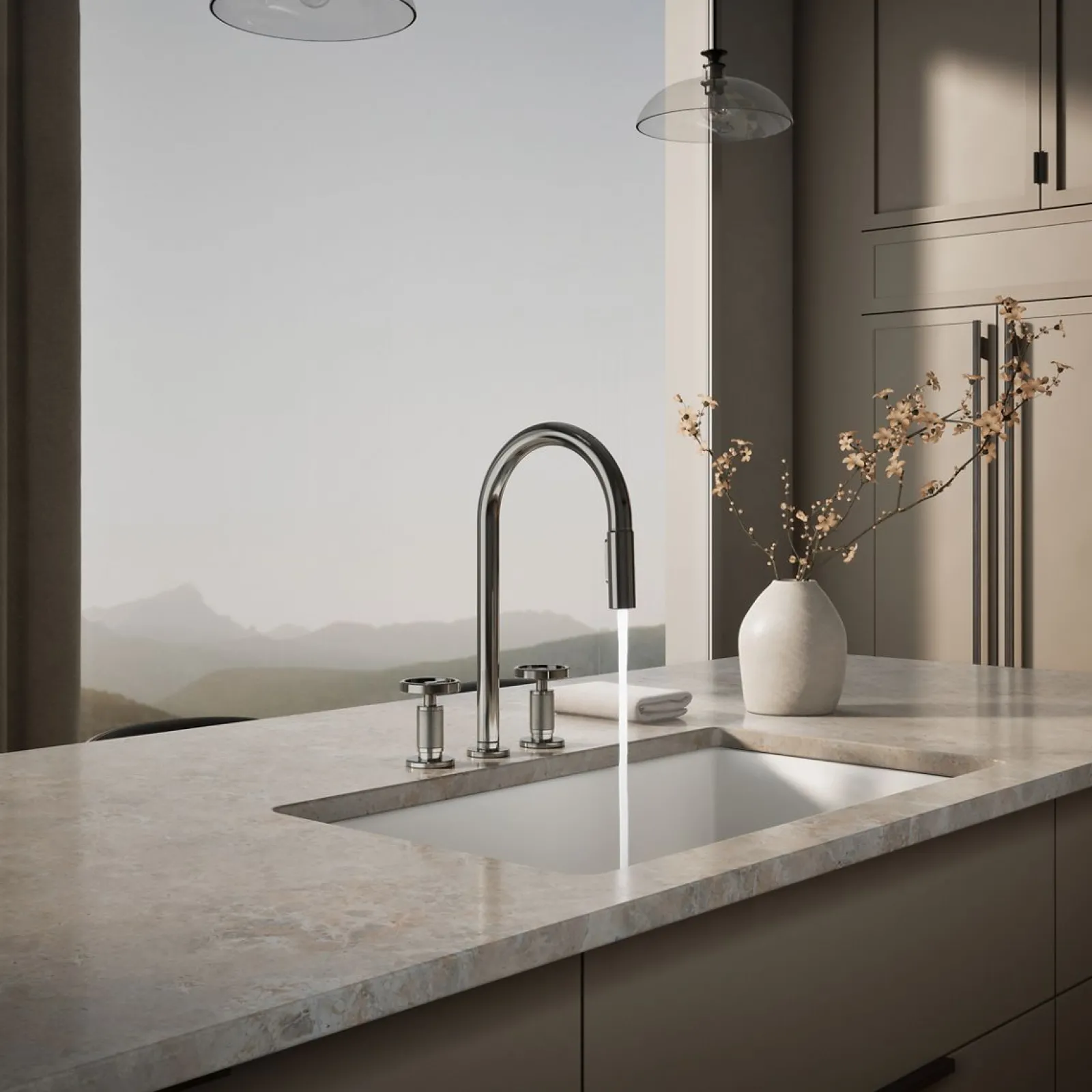 Pull-down kitchen sink faucet with two-function sprayhead^Kohler Hot