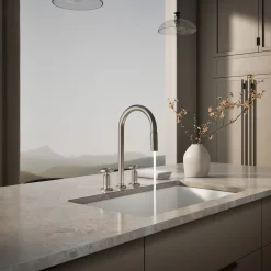 Pull-down kitchen sink faucet with two-function sprayhead^Kohler Hot