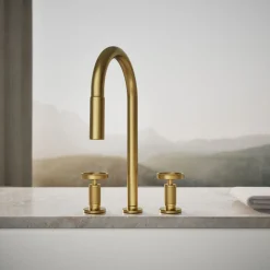 Pull-down kitchen sink faucet with two-function sprayhead^Kohler Hot